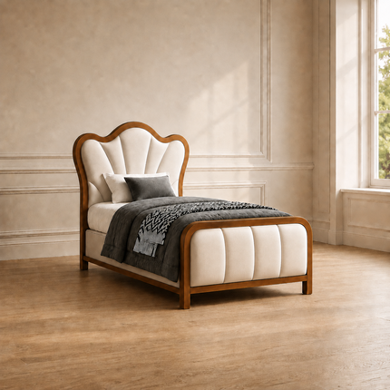 Restful Haven Curved Bed – Sculpted Upholstery with Natural Wood Frame