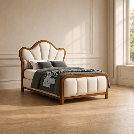 Restful Haven Curved Bed – Sculpted Upholstery with Natural Wood Frame