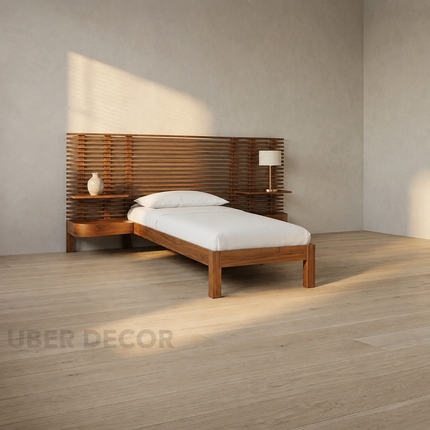 RosewoodGrid Slatted Modern Platform Customisable Bed with Integrated Nightstands