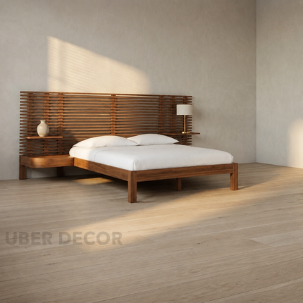 RosewoodGrid Slatted Modern Platform Customisable Bed with Integrated Nightstands