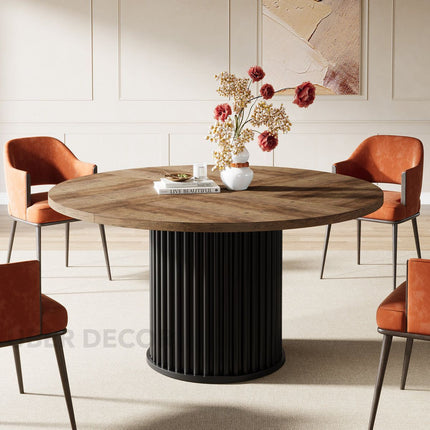 Ravon Dining Table Fluted Pedestal Design Mid Century Modern Contemporary Inspired Solid Wood Top Dining Table for Dining Room