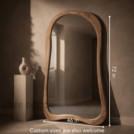 Rowena Wavy Teak Wood Mirror – Sculptural Organic Full-Length Floor Mirror