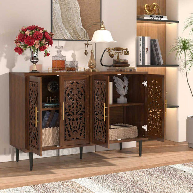 Aria Carve Mid Century Indian Solid Wood Cabinet – Handcrafted Floral Panels Ideal for Living Room, Dining Room & Entryway