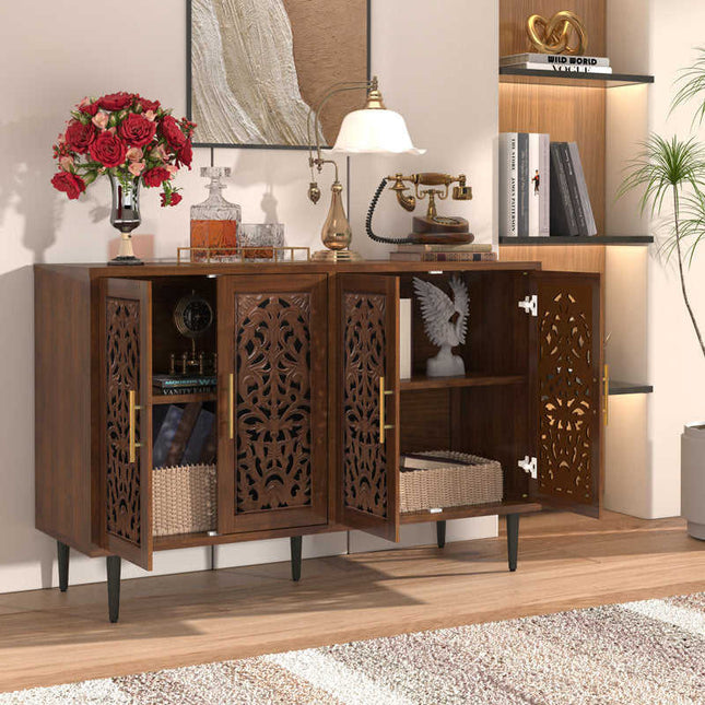 Aria Carve Mid Century Indian Solid Wood Cabinet – Handcrafted Floral Panels Ideal for Living Room, Dining Room & Entryway