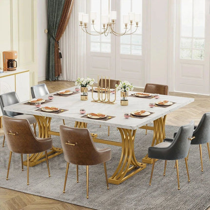 Elysian Grace Modern White Marble Dining Table Set with Gold Stainless Steel Base for Formal Dining Room