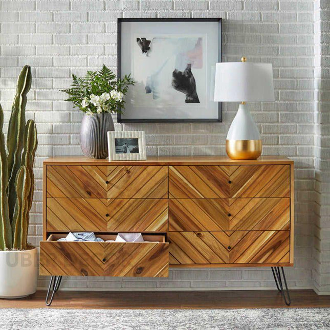 Cleo Chevron Mid Century Modern Solid Wood Chest of Drawers – Hairpin Legs, Customizable Finish – Ideal for Bedroom, Living Room & Entryway