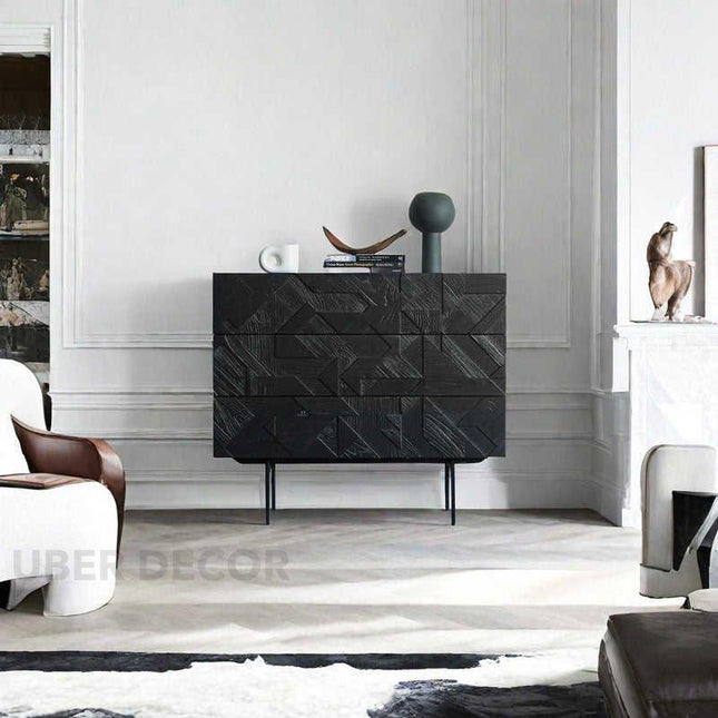 Voro Noir Modern Minimalist Solid Wood Chest of Drawers Black Textured Fronts, Metal Legs Ideal for Bedroom, Living Room & Hallway