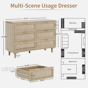 Bayshore 6-Drawer Scandinavian Rattan Front Solid Wood Cabinet with Natural Polish & Custom Finish Options for Bedroom, Living Room & Entryway - Uber Decor