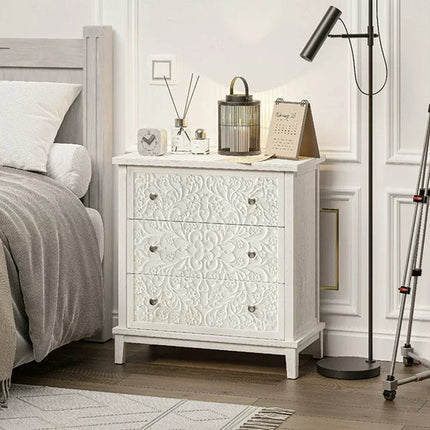 Ivory Bloom 3-Drawer Chest – Hand-Carved Floral Solid Wood Cabinet, French Vintage Whitewash Finish, Customizable – Bedroom, Entryway & Living Room