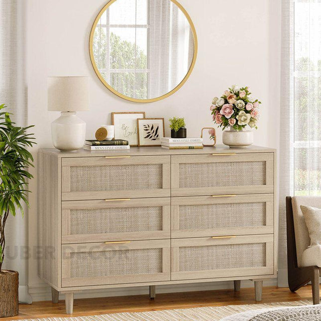 Bayshore 6-Drawer Scandinavian Rattan Front Solid Wood Cabinet with Natural Polish & Custom Finish Options for Bedroom, Living Room & Entryway