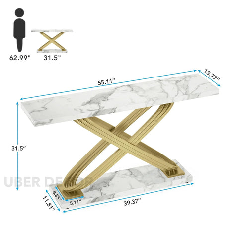 Alvoria Cross Console Table – Glam Modern Faux Marble Console with Gold Metal Base for Entryways & Living Rooms - Uber Decor