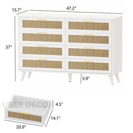 Sole Rattan Modern Coastal Solid Wood Chest of Drawers 8-Drawer Storage – Ideal for Bedroom, Living Room & Entryway - Uber Decor