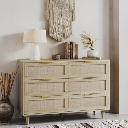 Bayshore 6-Drawer Scandinavian Rattan Front Solid Wood Cabinet with Natural Polish & Custom Finish Options for Bedroom, Living Room & Entryway