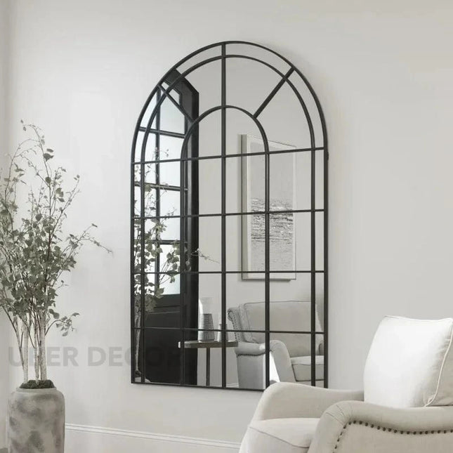 ArcVista Iron Window Pane Mirror | Simple Modern Arched Mirror with Metal Frame | Versatile Wall & Floor Placement - Uber Decor