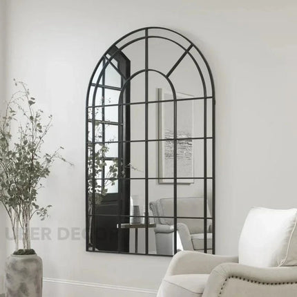ArcVista Iron Window Pane Mirror | Simple Modern Arched Mirror with Metal Frame | Versatile Wall & Floor Placement - Uber Decor