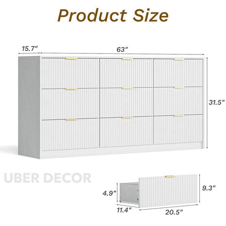Arden White Fluted 9-Drawer Modern Japandi Solid Wood Cabinet with Brass Handles & Custom Finish for Bedroom, Living Room & Entryway - Uber Decor