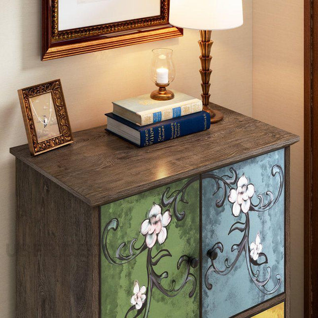 Bloomwood Vintage Hand-Painted Floral Cabinet – Boho Chic Tall Storage Dresser for Living Room, Bedroom, or Hallway