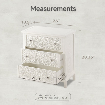 Ivory Bloom 3-Drawer Chest – Hand-Carved Floral Solid Wood Cabinet, French Vintage Whitewash Finish, Customizable – Bedroom, Entryway & Living Room