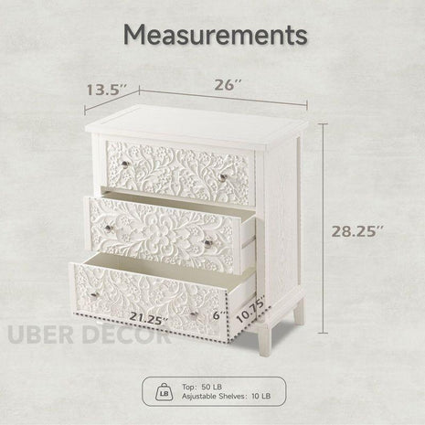 Ivory Bloom 3-Drawer Chest – Hand-Carved Floral Solid Wood Cabinet, French Vintage Whitewash Finish, Customizable – Bedroom, Entryway & Living Room - Uber Decor