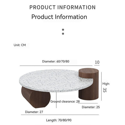 Chenab River Round Coffee Table, Mid Century Modern Minimalist Stone and Wood Center Table for Living Room