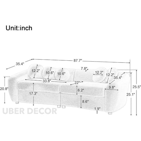 Aspen 88" Curved Sofa- Minimalist Modern Luxury Loveseat Cute Couch with Round Throw Pillows - Uber Decor