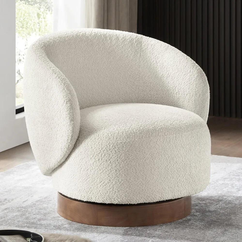 Amira Modern Fuzzy Boucle Swivel Accent Chair- Round Barrel Armchair Upholstered Chair for Bedroom, Reading, Waiting, Living Room - Uber Decor