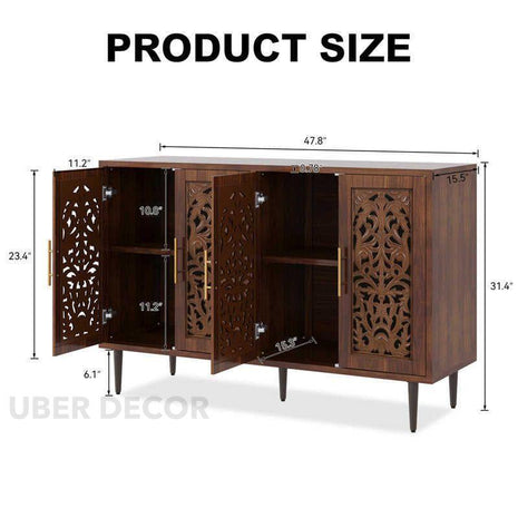 Aria Carve Mid Century Indian Solid Wood Cabinet – Handcrafted Floral Panels Ideal for Living Room, Dining Room & Entryway - Uber Decor