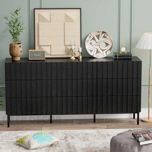 Raven Noir 9-Drawer Contemporary Japandi Black Oak Cabinet with Textured Front & Metal Legs for Living Room, Bedroom, Office & Entryway - Uber Decor