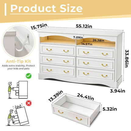 Belmont Luxe 6-Drawer French Country Cabinet – Elegant Solid Wood with White Polish & Gold Handles, Custom Color Options for Bedroom, Living Room & Entryway
