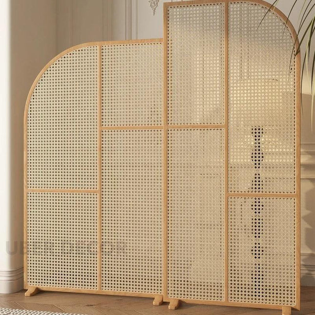 DIVI Handcrafted Wooden Rattan Room Divider with Curved Panel Design for Living Areas, Bedrooms & Custom Interior Zoning