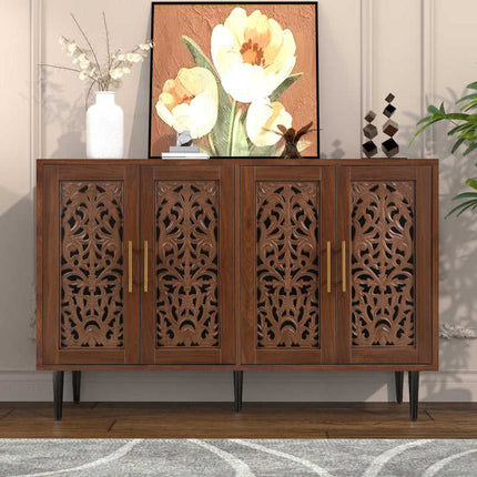 Aria Carve Mid Century Indian Solid Wood Cabinet – Handcrafted Floral Panels Ideal for Living Room, Dining Room & Entryway