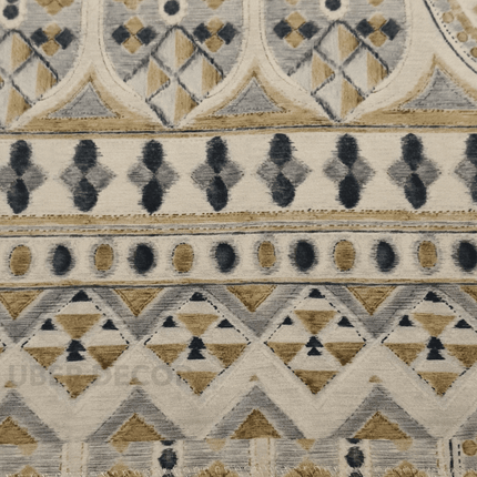 Greek - Jacquard Chenille Ethnic Stripe & Diamond Motif Upholstery Fabric - Warm Ivory with Sand, Charcoal & Ochre accents