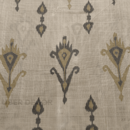 Greek - Ikat-inspired Buta Pattern Print Upholstery Fabric - Natural Linen Beige with Olive & Charcoal accents