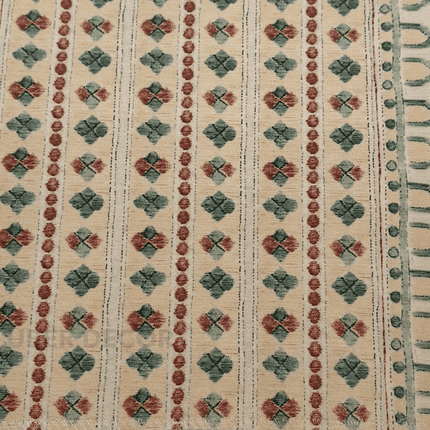 Greek - Jacquard Ikat-Inspired Geometric Stripe Print Chenille Upholstery Fabric - Warm Ivory with Teal Green & Rust Accents