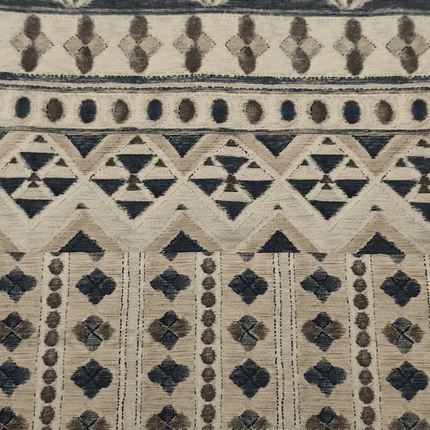 Greek - Jacquard Chenille Tribal Stripe Print Upholstery Fabric - Ivory Base with Charcoal & Sand Accents