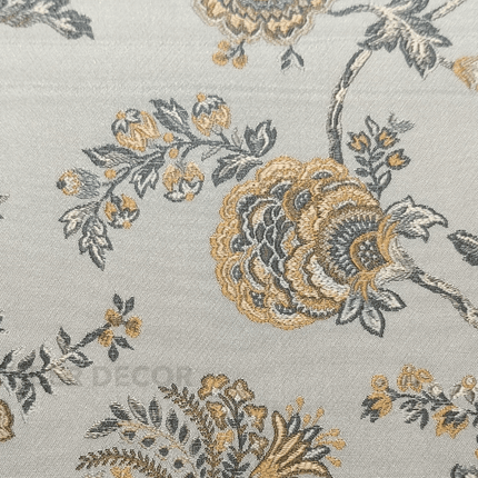 Gulmore - Jacquard Upholstery Fabric - Muted Dove Grey with Antique Gold Accents