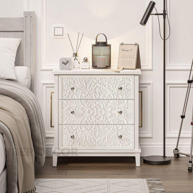 Ivory Bloom 3-Drawer Chest – Hand-Carved Floral Solid Wood Cabinet, French Vintage Whitewash Finish, Customizable – Bedroom, Entryway & Living Room