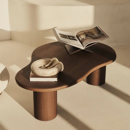 Amur Organic Mid Century Japandi Freeform Coffee Table – Solid Wood Top with Cylindrical Legs, Natural Matte Finish – Sculptural Centerpiece for Living Room