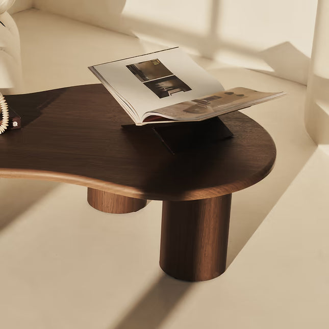 Amur Organic Mid Century Japandi Freeform Coffee Table – Solid Wood Top with Cylindrical Legs, Natural Matte Finish – Sculptural Centerpiece for Living Room