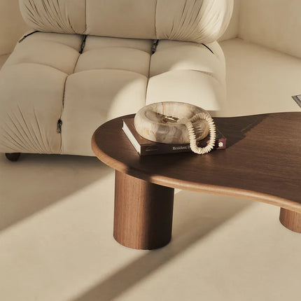 Amur Organic Mid Century Japandi Freeform Coffee Table – Solid Wood Top with Cylindrical Legs, Natural Matte Finish – Sculptural Centerpiece for Living Room