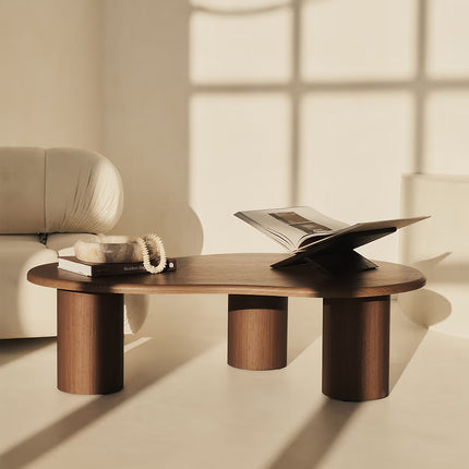 Amur Organic Mid Century Japandi Freeform Coffee Table – Solid Wood Top with Cylindrical Legs, Natural Matte Finish – Sculptural Centerpiece for Living Room