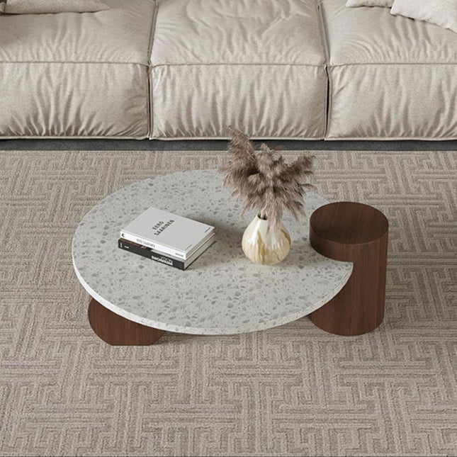 Chenab River Round Coffee Table, Mid Century Modern Minimalist Stone and Wood Center Table for Living Room