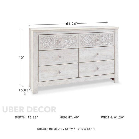 Serenity Scroll 6-Drawer Chest – Hand-Carved Floral Solid Wood Cabinet, French Vintage Whitewash & Custom Finish Options for Bedroom, Living Room & Entryway - Uber Decor