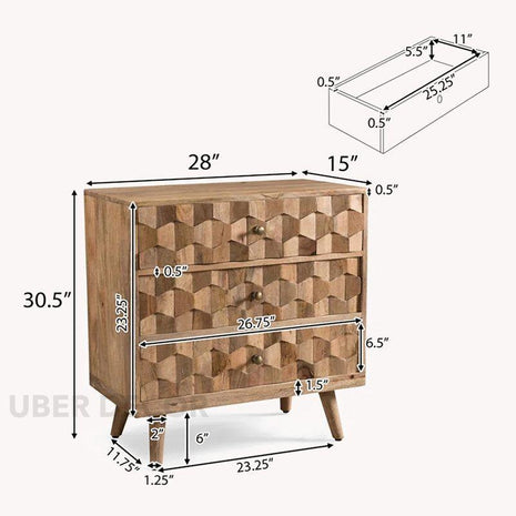Hexa Form Mid Century Modern Solid Wood Chest of Drawers Geometric 3D Carved Fronts Ideal for Bedroom, Living Room & Entryway - Uber Decor