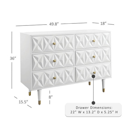 Sierra Luxe 6-Drawer Mid-Century Modern White Geometric Cabinet with Gold Accents & Tapered Legs for Bedroom, Living Room & Entryway