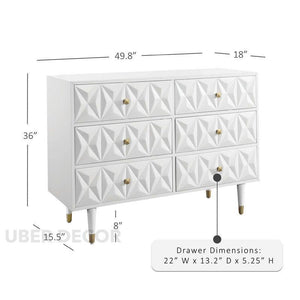 Sierra Luxe 6-Drawer Mid-Century Modern White Geometric Cabinet with Gold Accents & Tapered Legs for Bedroom, Living Room & Entryway - Uber Decor