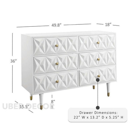 Sierra Luxe 6-Drawer Mid-Century Modern White Geometric Cabinet with Gold Accents & Tapered Legs for Bedroom, Living Room & Entryway - Uber Decor