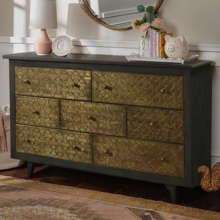 Lume Brasswave Mid Century Indian Solid Wood Chest – Charcoal Finish, Hand-Carved Brass, 7-Drawer Storage