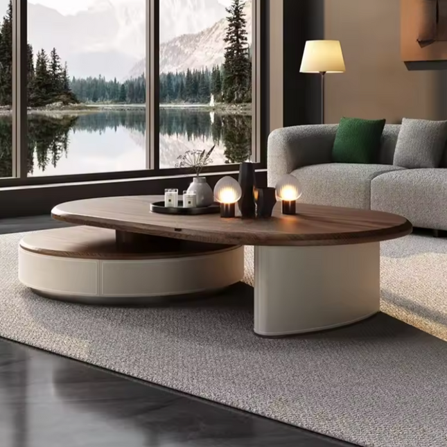 Aldan Dual Layer Functional Mid Century Modern Contemporary Coffee Table Scandinavian Design Solid Wood Top Cylindrical Base Matte Finish Round Center Table for Reception Area