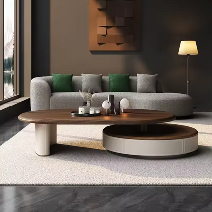 Aldan Dual Layer Functional Mid Century Modern Contemporary Coffee Table Scandinavian Design Solid Wood Top Cylindrical Base Matte Finish Round Center Table for Reception Area